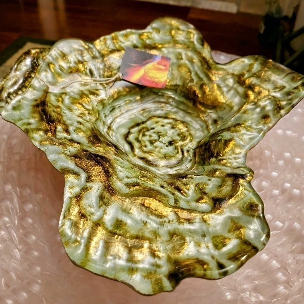 $10 CUT - 14" x 11" Turkish Glass, Clam Shell Hand Painted W/ Gold & Wood Bark